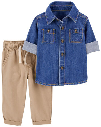 2-Piece Denim Button-Front & Pull-On Pant Set, 