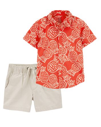 Toddler 2-Piece Pineapple Button-Down Shirt & Pull-On Shorts Set, 