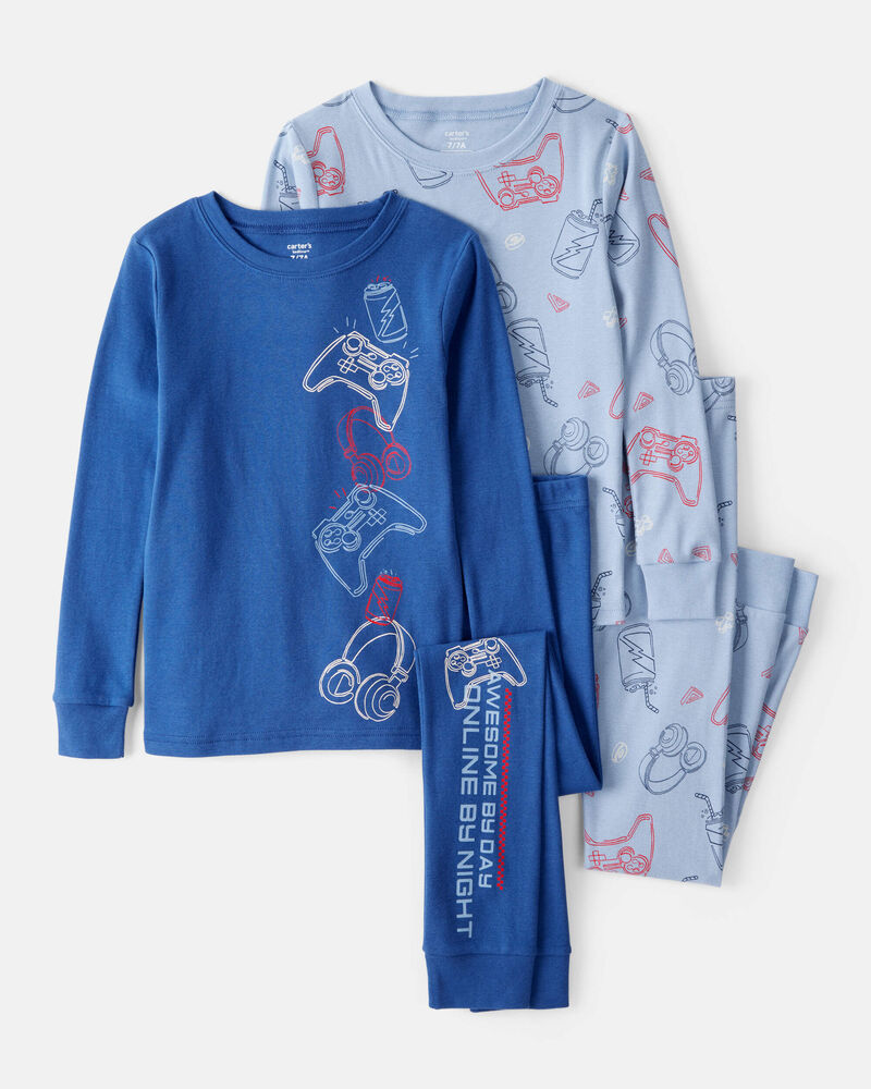 Boys Gaming Print 100% Cotton Long-Sleeve 4-Piece Pajamas - Blue, image 1 of 4 slides