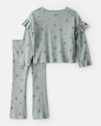 Toddler Girl 2-Piece Floral Cotton Long-Sleeve Tee & Pant Set - Green, 