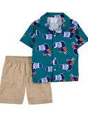 Turquoise - Toddler 2-Piece Bird Button-Front Shirt & Short Set
