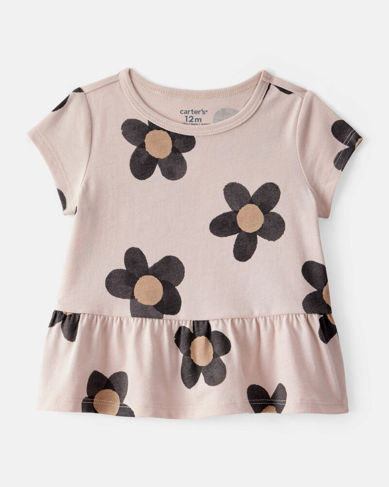 Baby Girl Flower Print Short-Sleeve Peplum Top - Tan, image 1 of 3 slides