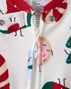 Toddler Christmas Print 100% Cotton Long-Sleeve 2-Way Zip 1-Piece Pajamas - White, image 2 of 4 slides