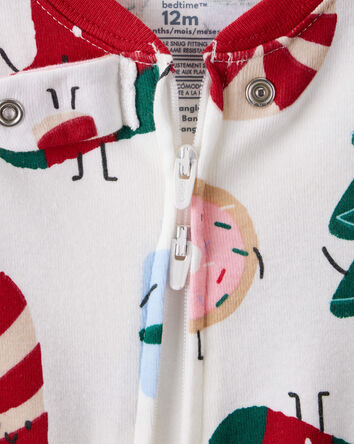 Toddler Christmas Print 100% Cotton Long-Sleeve 2-Way Zip 1-Piece Pajamas - White, 
