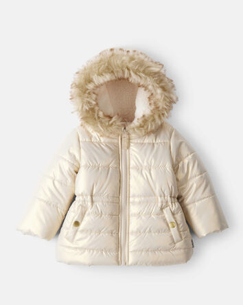 Baby Girl Hooded Heavyweight Winter Jacket - Cream, 
