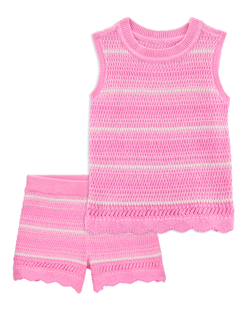 Toddler 2-Piece Striped Crotchet Knit Tank & Shorts Set - Pink, image 1 of 10 slides