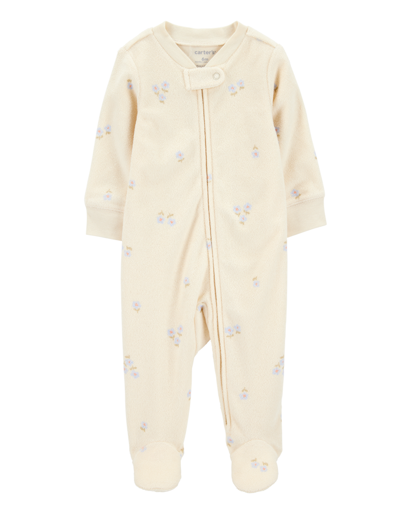 Baby Floral Print 2-Way Zip Terry Sleep & Play Pajamas - Ivory, image 1 of 3 slides