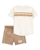 Toddler 2-Piece Striped Short-Sleeve Tee & Pull-On Shorts Set - Cream/Brown, image 1 of 8 slides