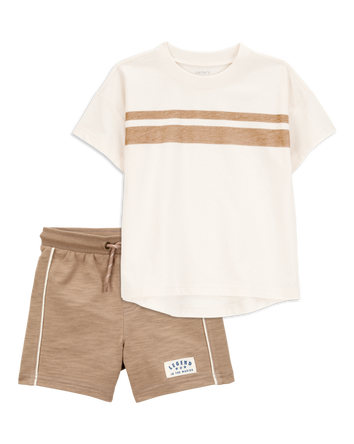 Toddler 2-Piece Striped Short-Sleeve Tee & Pull-On Shorts Set - Cream/Brown, 