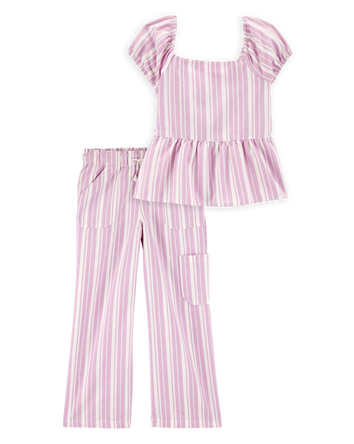 Kid 2-Piece Striped Peplum Top & Drawstring Pants Set - Pink/White, 