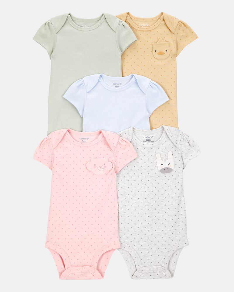 Baby Girl 5-Pack Animal Short-Sleeve Cotton Bodysuits, image 1 of 7 slides