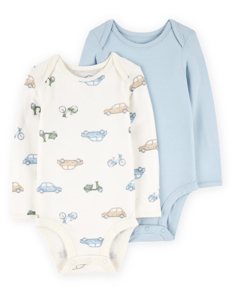 Baby 2-Pack Long-Sleeve PurelySoft Bodysuits - Blue/Ivory, image 1 of 7 slides
