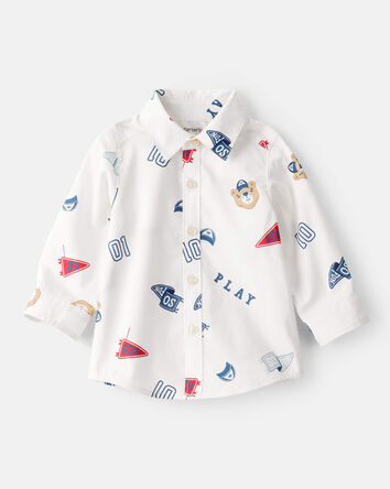Baby Boy Varsity Bear Print Long-Sleeve Button-Down Shirt - White, 