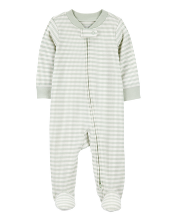 Baby Boy Striped 2-Way Zip Ribbed Sleep & Play Pajamas - Green/White, 