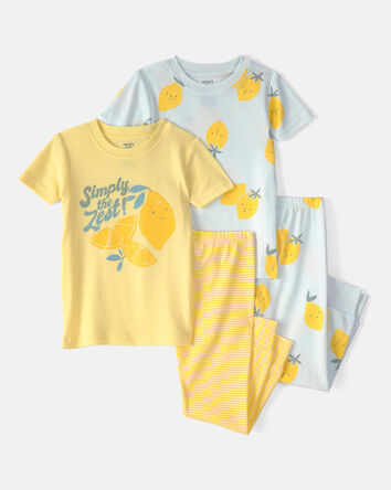 Baby Girl Lemon 100% Cotton Snug Fit 4-Piece Pajama Set - Blue/Yellow, 