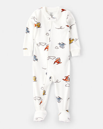 Baby Boy Helicopter Print Loose Fit Long-Sleeve 2-Way Zip 1-Piece Pajamas - White, 