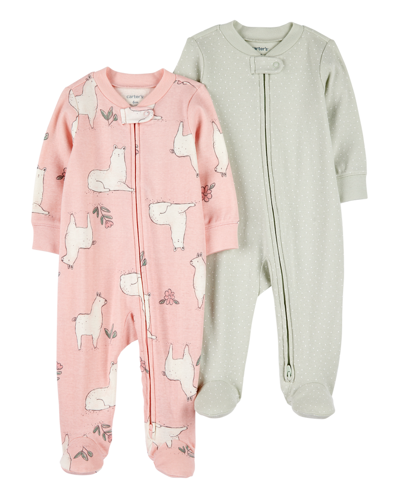 Baby 2-Pack 2-Way Zip Cotton Sleep & Play Pajamas - Pink/Green, image 1 of 4 slides