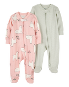 Baby 2-Pack 2-Way Zip Cotton Sleep & Play Pajamas - Pink/Green, image 1 of 4 slides