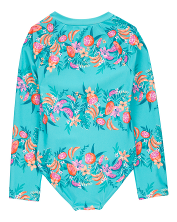 Girls 1-Piece Floral Print Rashguard Swimsuit - Turquoise, 