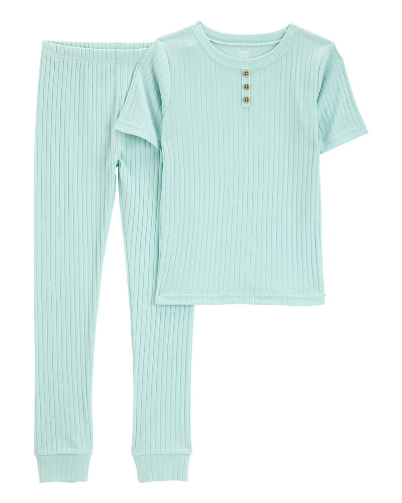 Kid Solid Ribbed Cotton Blend 2-Piece Pajamas - Teal, image 1 of 3 slides