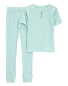 Kid Solid Ribbed Cotton Blend 2-Piece Pajamas - Teal, image 1 of 3 slides