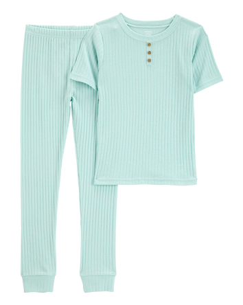 Kid Solid Ribbed Cotton Blend 2-Piece Pajamas - Teal, 
