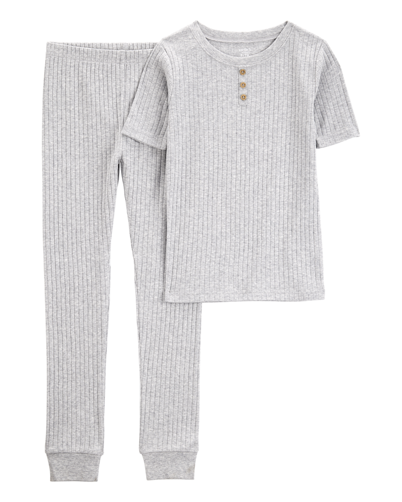 Kid Solid Ribbed Cotton Blend 2-Piece Pajamas - Grey, image 1 of 3 slides