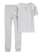 Kid Solid Ribbed Cotton Blend 2-Piece Pajamas - Grey, image 1 of 3 slides