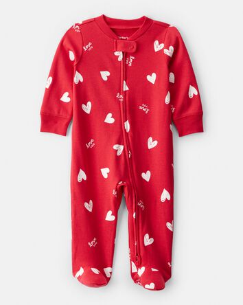 Baby Valentine's Day Heart 100% Cotton Snug Fit 2-Way Zip Sleep & Play Pajamas - Red, 