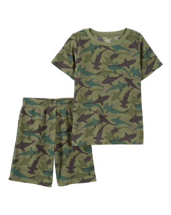 Boys Shark Print Loose Fit Waffle Knit 2-Piece Pajamas - Green, 
