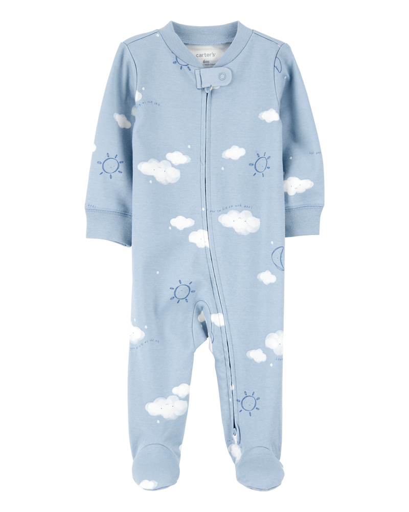 Baby Boy Cloud Print 2-Way Zip Cotton Sleep & Play Pajamas - Blue, image 1 of 3 slides