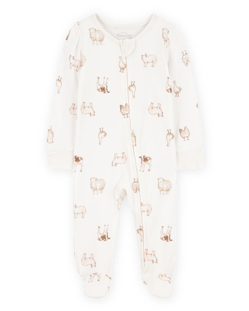 Baby Farm Animals Print 2-Way Zip PurelySoft Sleep & Play Pajamas - Ivory, image 1 of 6 slides