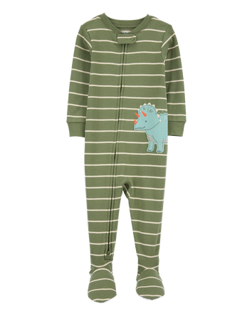Baby Boy Dinosaur Striped Snug Fit Cotton Footie 1-Piece Pajamas - Green, 