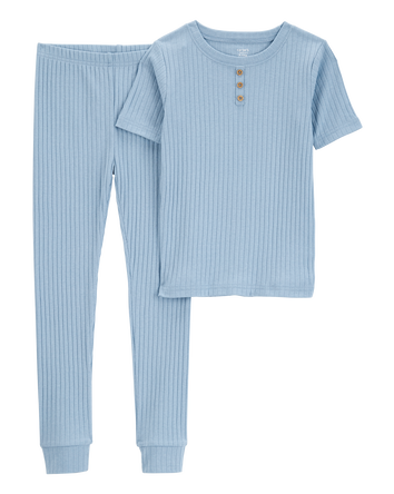 Kid Solid Ribbed Cotton Blend 2-Piece Pajamas - Blue, 
