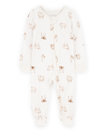 Baby Farm Animals Print 2-Way Zip PurelySoft Sleep & Play Pajamas - Ivory, 