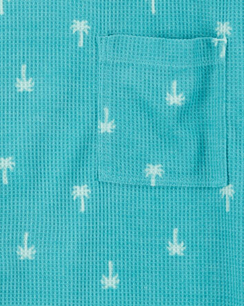 Kid Palm Tree Print Loose Fit Waffle Knit 2-Piece Pajamas - Turquoise, 