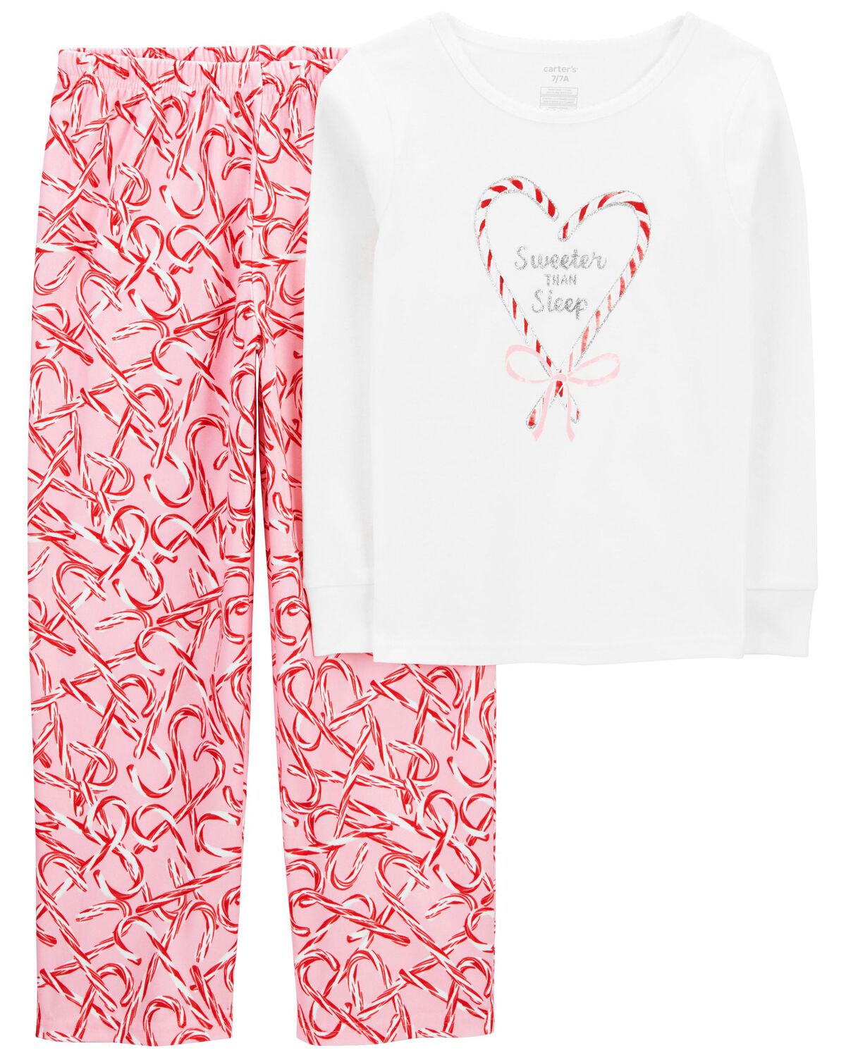 White/Pink Kid 2-Piece Candy Cane Cotton & Fleece Pajamas | carters.com