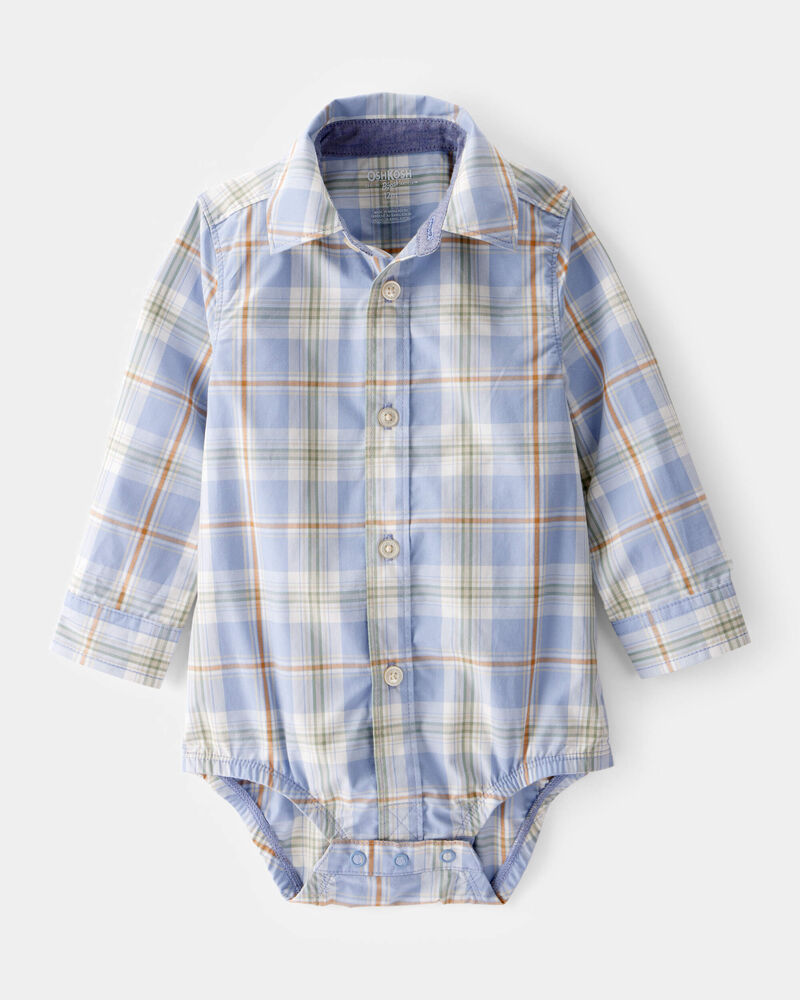 Baby Poplin Plaid Button-Front Long-Sleeve Bodysuit, image 1 of 4 slides