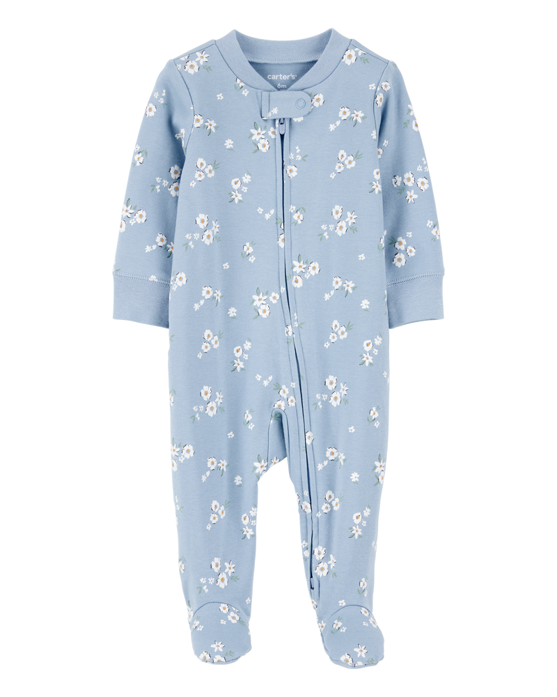 Baby Girl Floral 2-Way Zip Cotton Sleep & Play Pajamas - Blue, image 1 of 3 slides