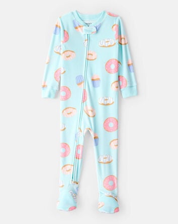 Toddler Girl Donuts Print Velour Long-Sleeve Loose Fit 1-Piece Pajamas - Blue, 