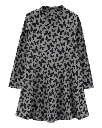 Kid Butterfly Print Mock Neck Long-Sleeve Dress, 