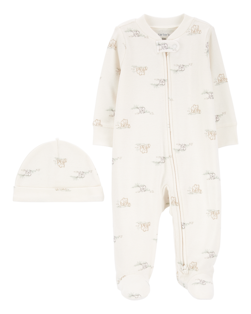 Baby 2-Piece 2-Way Zip Elephant Cotton Sleep & Play Pajamas & Cap Set, image 1 of 4 slides