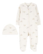 Baby 2-Piece 2-Way Zip Elephant Cotton Sleep & Play Pajamas & Cap Set, image 1 of 4 slides