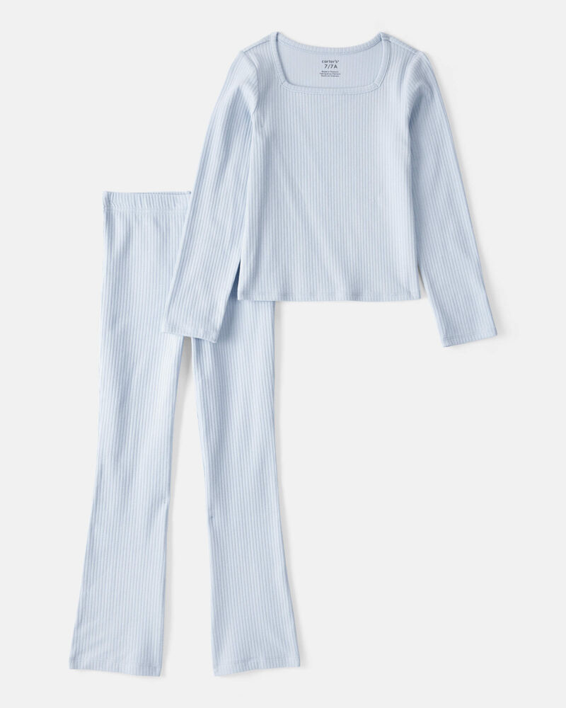 Kid 2-Piece Ribbed Long-Sleeve Tee & Flare Pant Set - Blue, image 1 of 3 slides