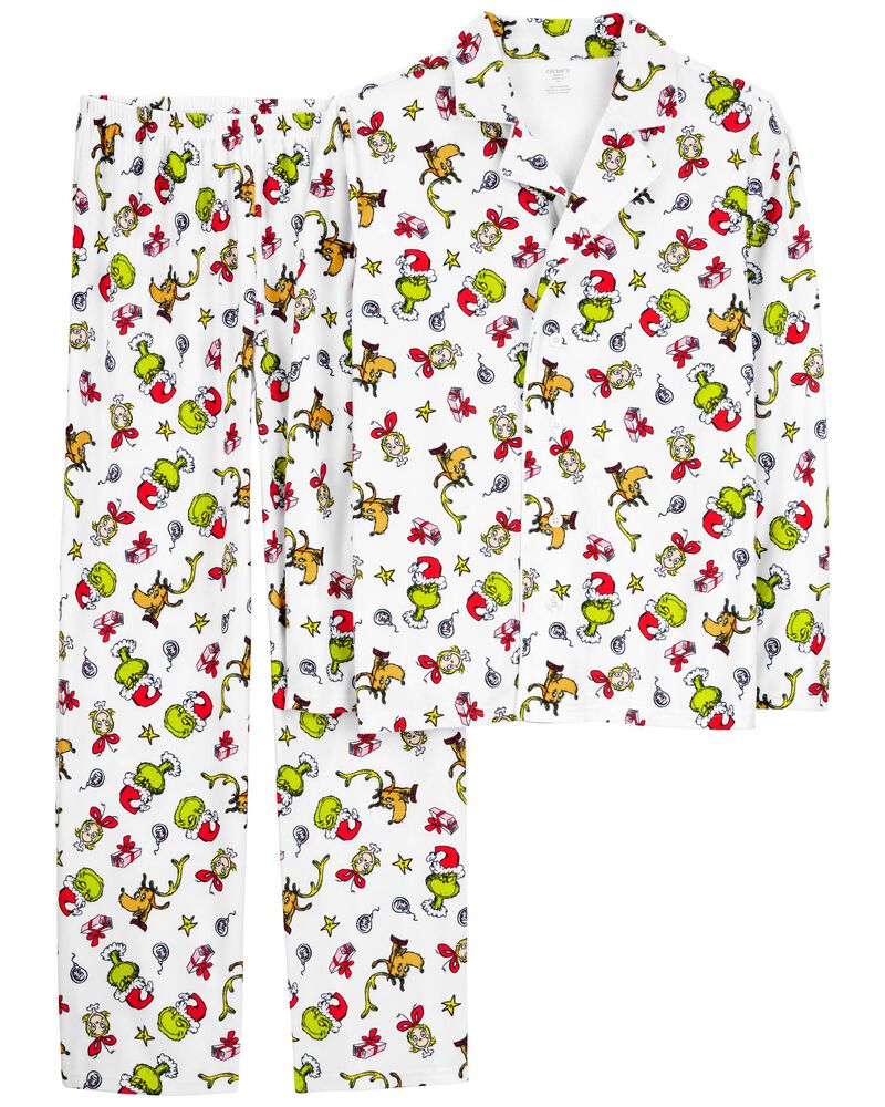 Adult 2-Piece Christmas Grinch Fleece Coat-Style Pajamas, image 1 of 3 slides