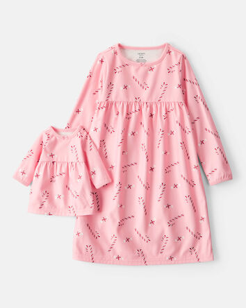 Girls 2-Piece Peppermints Long-Sleeve Loose Fit Night Gown & Matching Doll Gown - Pink, 