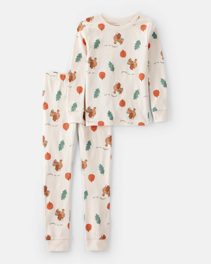 Kid Thanksgiving Print 100% Cotton Long-Sleeve 2-Piece Pajamas - White, image 1 of 3 slides