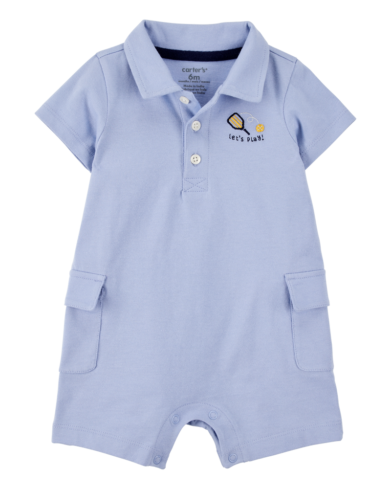 Baby Pickleball Cotton Romper - Blue, image 1 of 5 slides