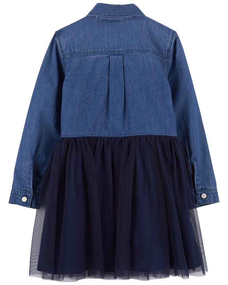 Toddler Mixed Fabric Chambray and Tulle Dress, image 2 of 4 slides