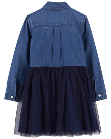 Toddler Mixed Fabric Chambray and Tulle Dress, 